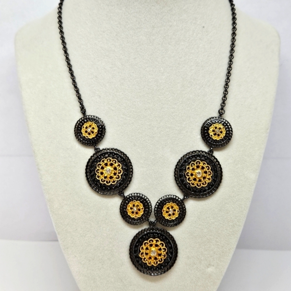 VINTAGE Crown Nine CN Black Metal Lace Medallion Bib Necklace